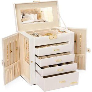 White Lockable Jewelry Box Watch Organizer Necklace Ring Storage with Mirror